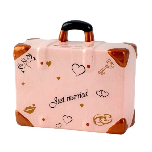 Rózsaszín bőrönd alakú persely "Just married" felirattal