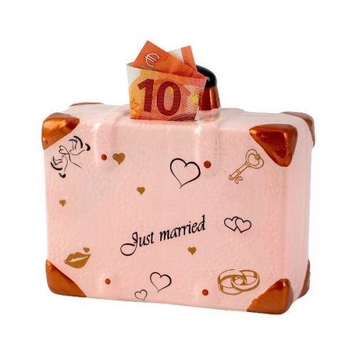 Rózsaszín bőrönd alakú persely "Just married" felirattal