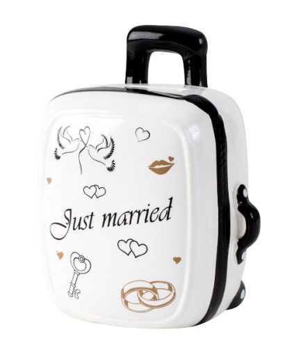Bőrönd alakú persely "Just married" felirattal