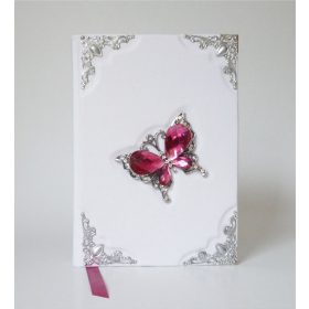 Bőr borítású napló - fehér, pink pillangóval