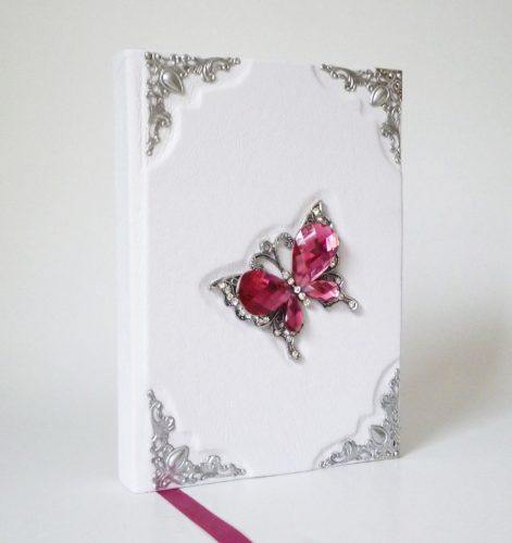 Bőr borítású napló - fehér, pink pillangóval