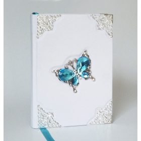 Bőr borítású napló - fehér, világoskék pillangóval