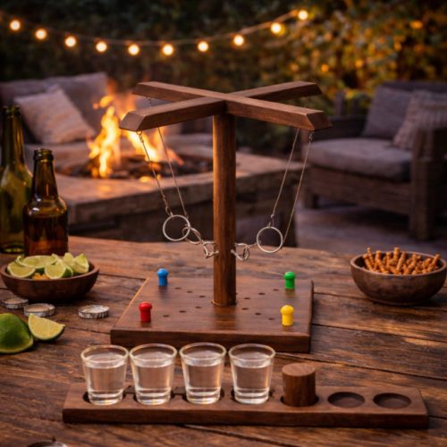 Gyűrűs-dobós fa társasjáték 32,5cm 4 pohárral